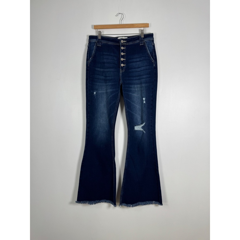 Boho KanCan Womens 13/30 Flare Jeans Dark Wash High Rise Button Fly Frayed Hem